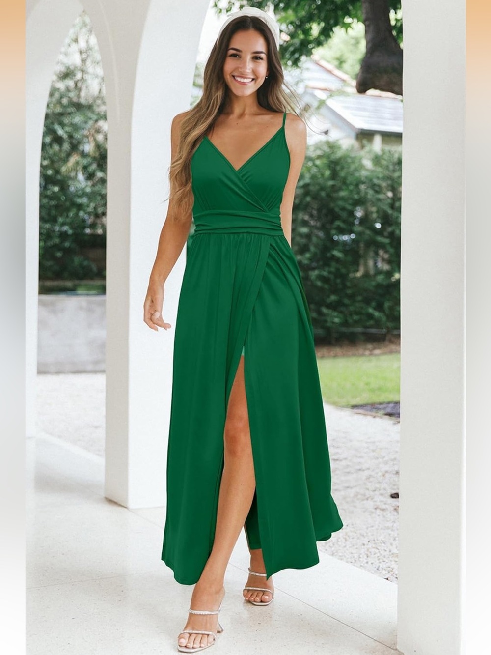 Newshows Women's Spaghetti Strap Long Dress w/slit | Emerald Green | XXL